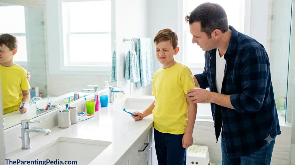 Father helping a child brush teeth during a healthy Morning Routine for School Going Kids.