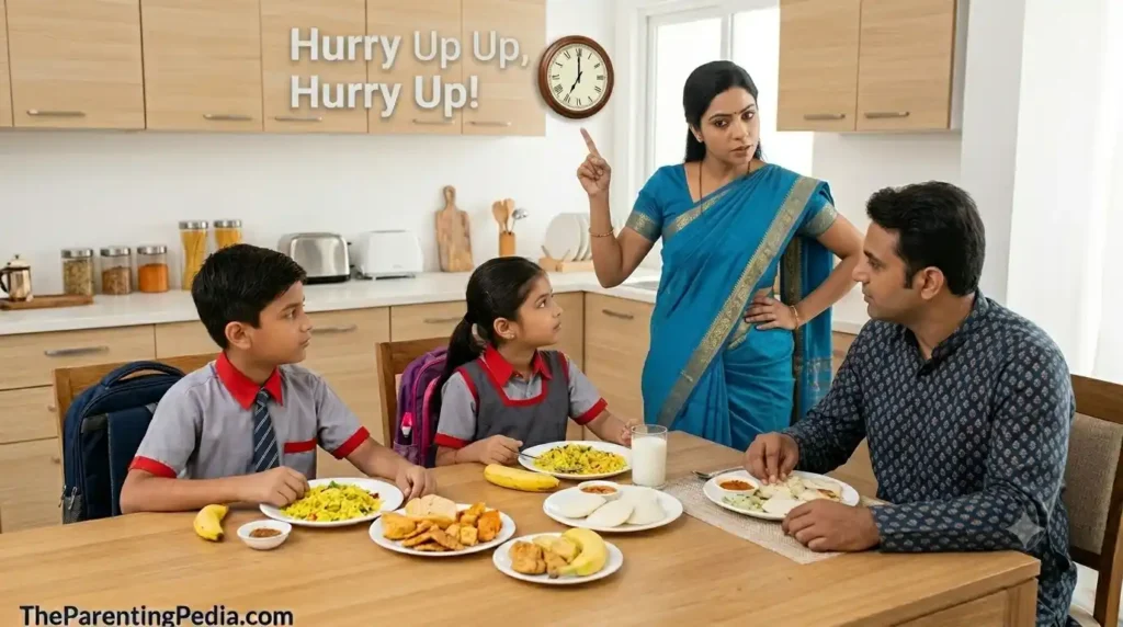 Mother reminding children to finish breakfast before school