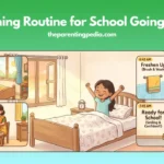 Morning routine for school-going kids with wake-up, brushing, breakfast, and school preparation.