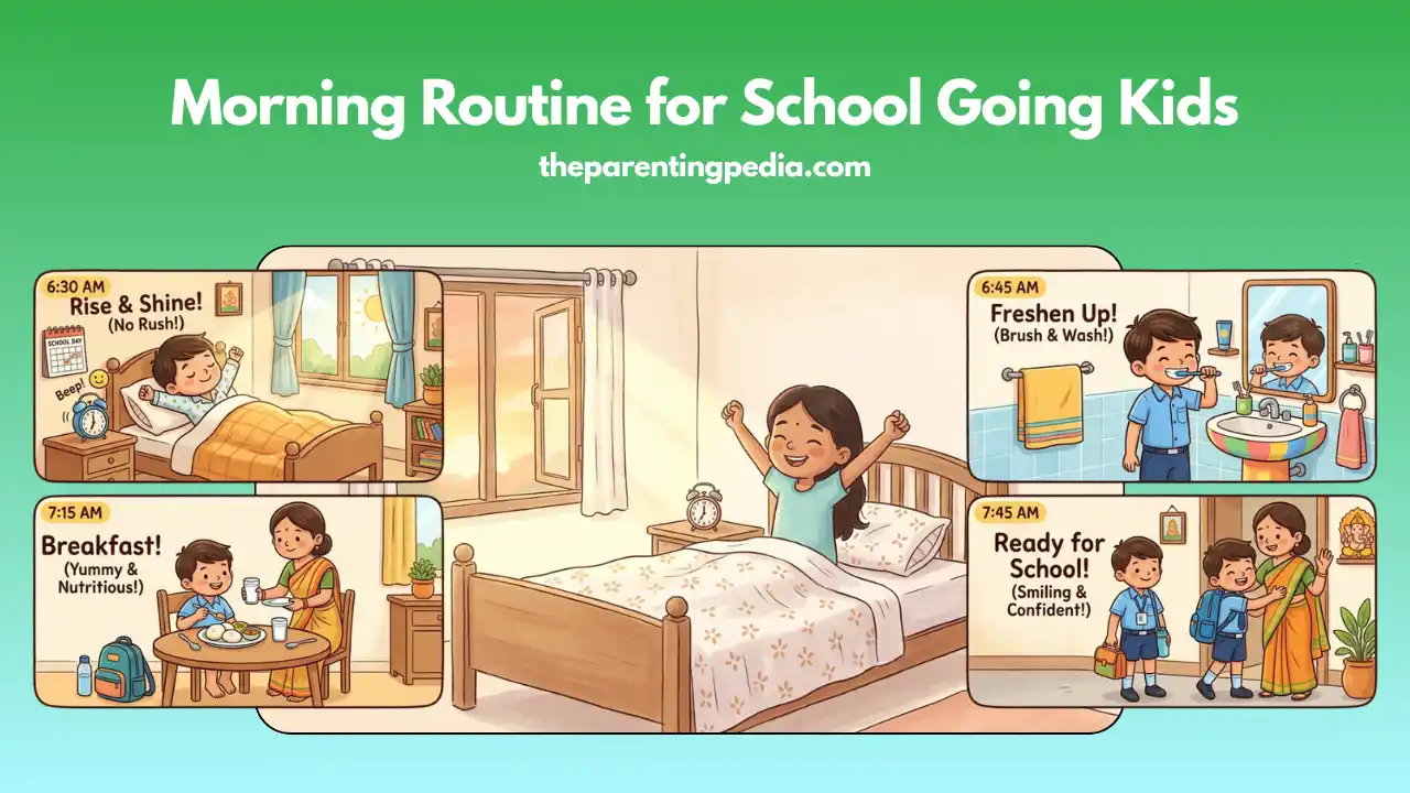 Morning routine for school-going kids with wake-up, brushing, breakfast, and school preparation.