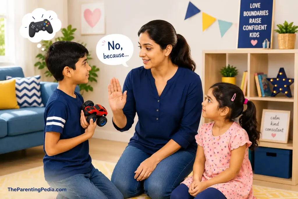 Mother explaining her reasons constructively while saying no to her son and daughter at home.