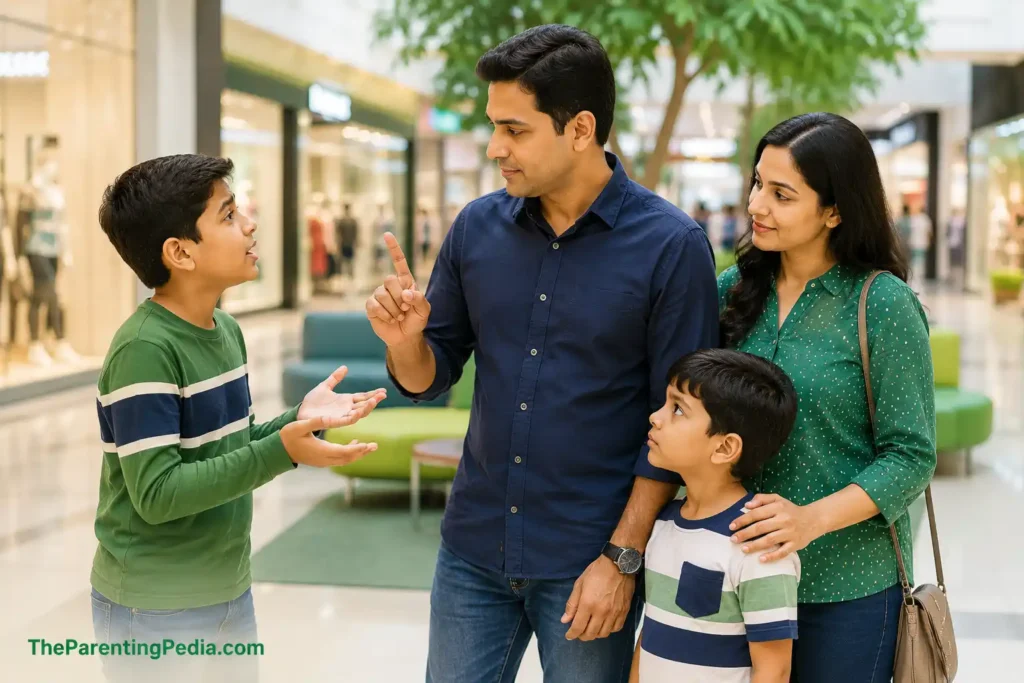 Parents talking firmly and setting gentle boundaries with their older son in a shopping mall.