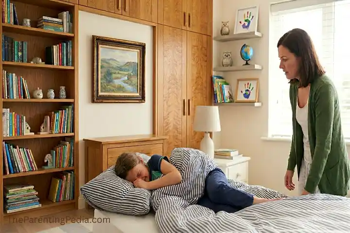 Mother waking up a sleepy child for the school morning routine