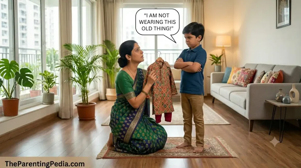 Stubborn child refusing to wear old clothes offered by mother