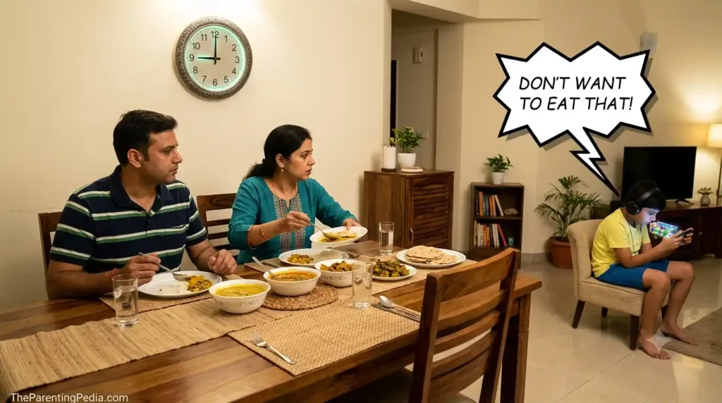 Child refusing to eat dinner while using a mobile phone.