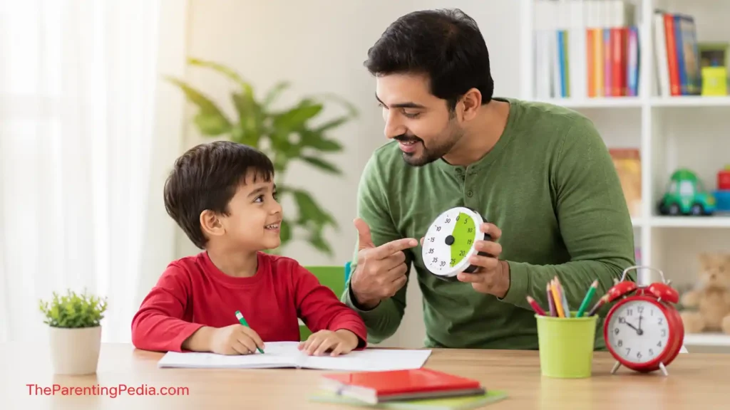 Father teaching a child time management skills using a timer