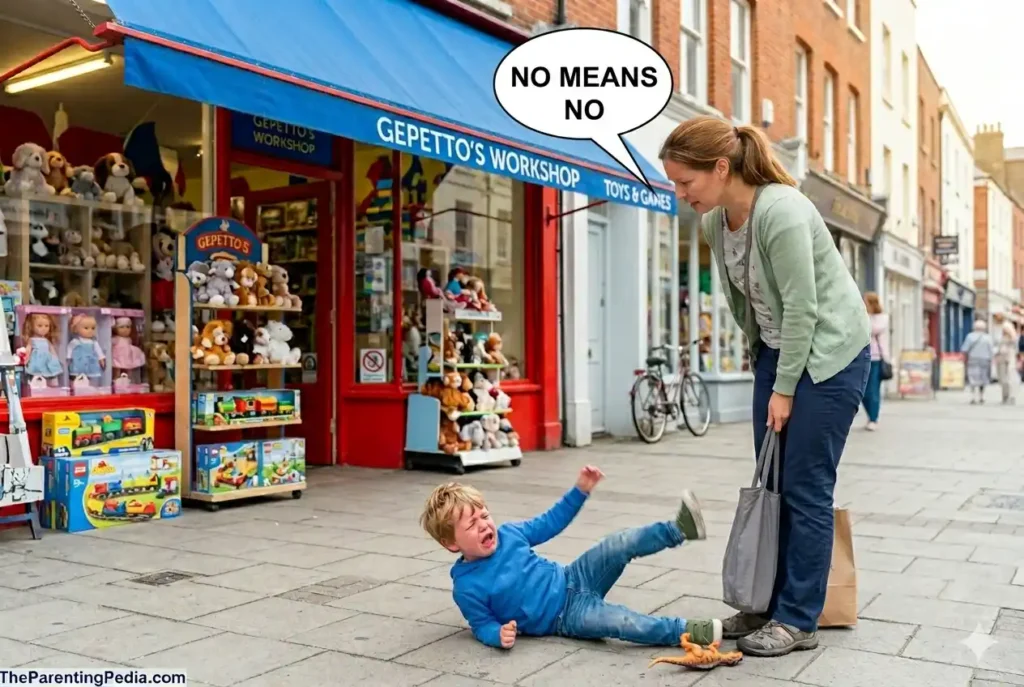 Mother saying no to her crying toddler throwing a tantrum on the street outside a toy shop but she knows How to Say No to Kids Without Feeling Guilty