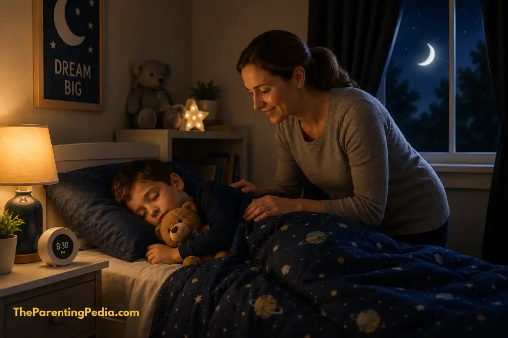 Parent creating a peaceful bedtime routine to prevent child sleep problems.
