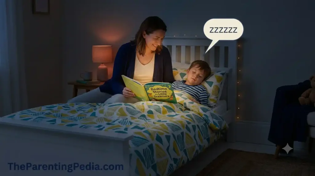 Parent reading a bedtime story to help prevent child sleep problems before sleep.