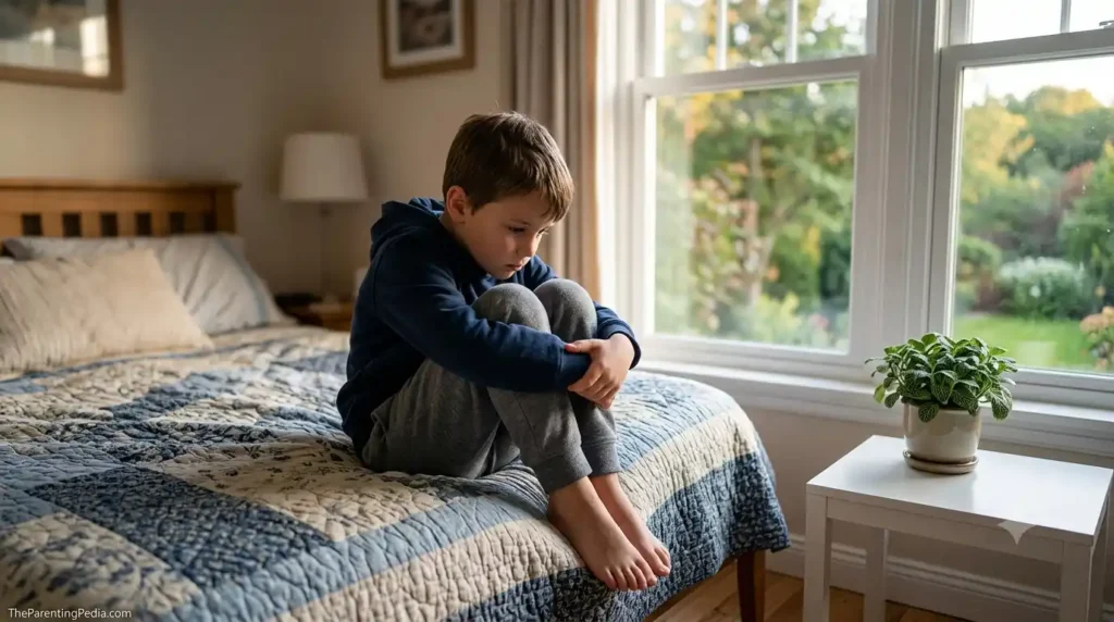 Anxious child thinking while sitting alone on a bed