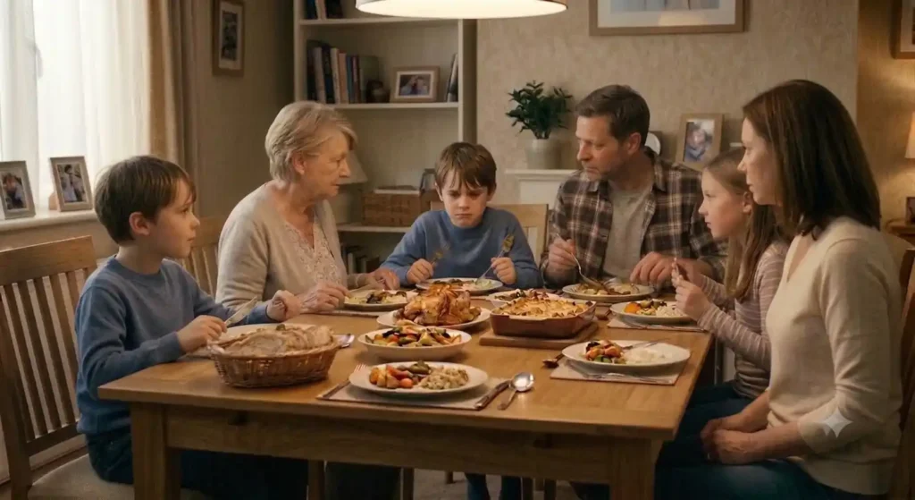Family noticing a worried child during dinner