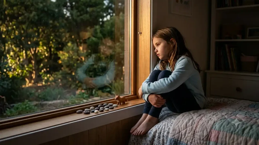 Worried child sitting quietly by the window