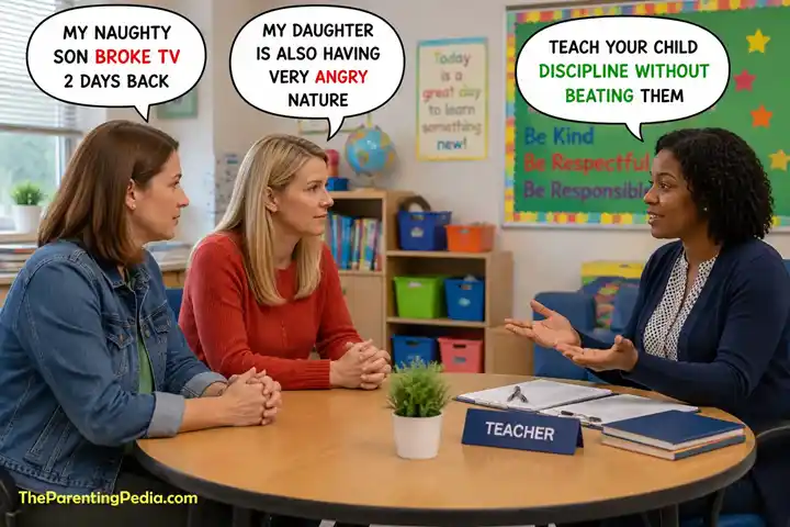 Discipline a Child Without Beating with positive parenting guidance during a parent-teacher meeting