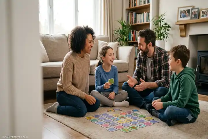 Family playing educational games for kids at home on the living room floor.