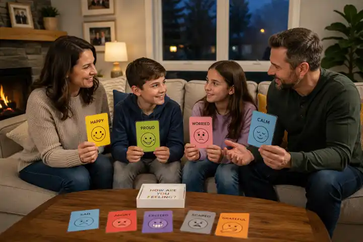 Family using emotion cards to build emotional literacy for children and discuss feelings together after dinner.