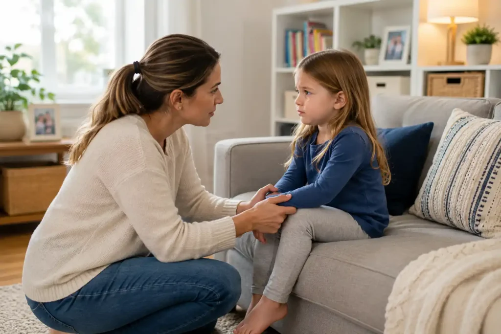 Mother calmly talking to her young daughter after a tantrum, teaching emotional literacy for children through a supportive conversation.
