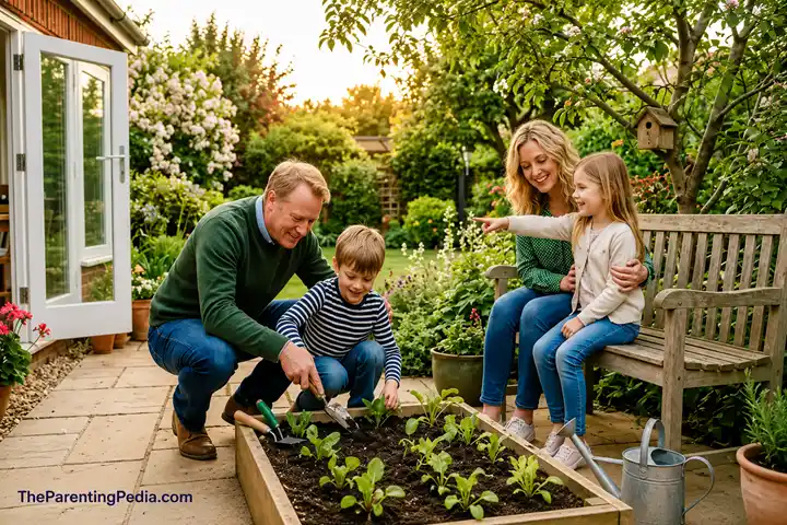Family gardening together to encourage healthy family boundaries