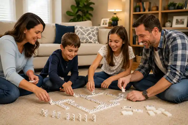 Family playing dominoes together at home