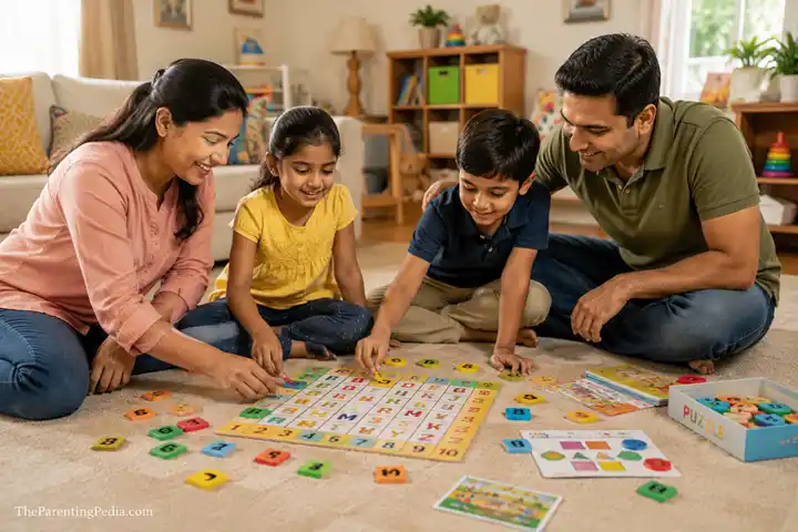 Family playing educational alphabet board game at home