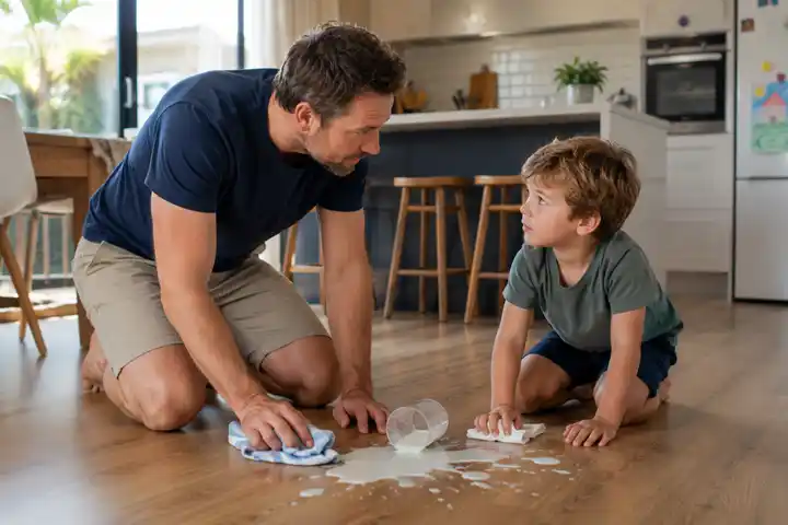 Father helping his son clean spilled milk while teaching responsibility with patience.