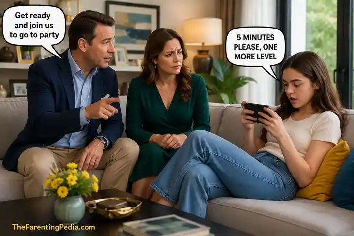 Parents asking their gaming-addicted daughter to join a party while she continues playing a mobile game at home, showing Gaming Addiction in Children