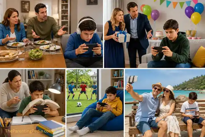 Collage showing common signs and effects of gaming addiction in children across everyday family situations.