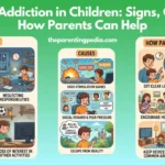 Gaming addiction in children infographic with signs, causes, and parent solutions.
