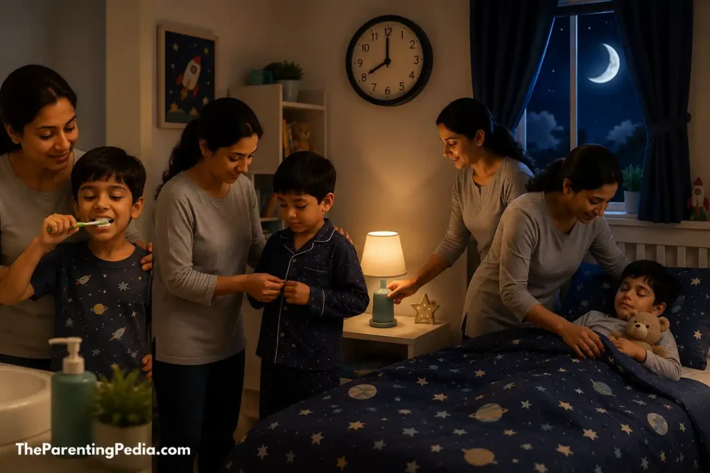 Parent helping a child follow a healthy bedtime routine before sleep.
