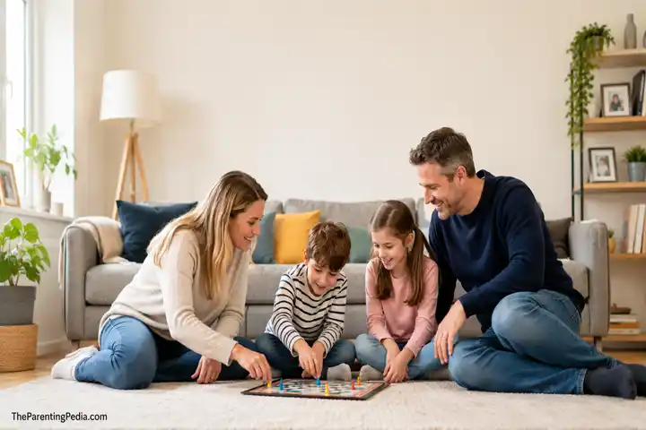 Family playing a board game to strengthen healthy family boundaries