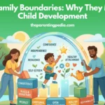 Healthy family boundaries helping child development through love, respect, communication, and clear rules.