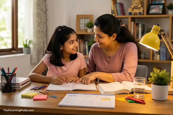 Mother smiling and helping her young daughter with school homework at a study table.