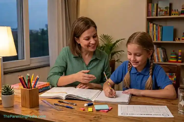 Help your child with homework: Mother smiling while guiding her young daughter with her homework at a study table.