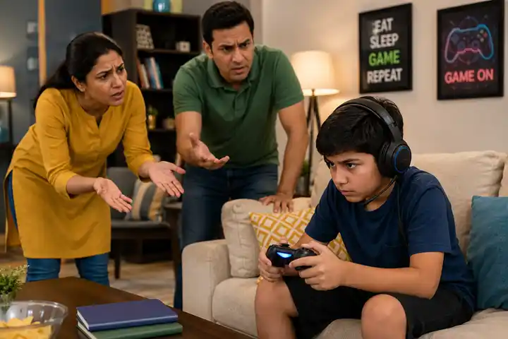 Parents trying to stop their son from excessive gaming while he stays focused on his video game.