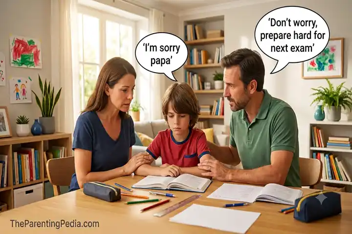 Parents helping their disappointed child to teach your child to handle failure without losing confidence.