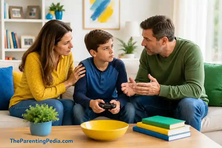 Parents talking to their son about gaming addiction while he holds a game controller in the living room.