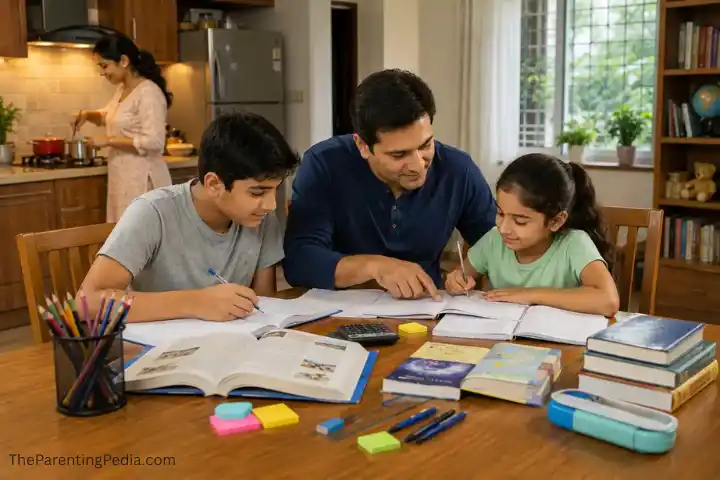 Father helping his son and daughter with their homework at a study table while mother is busy in the kitchen.