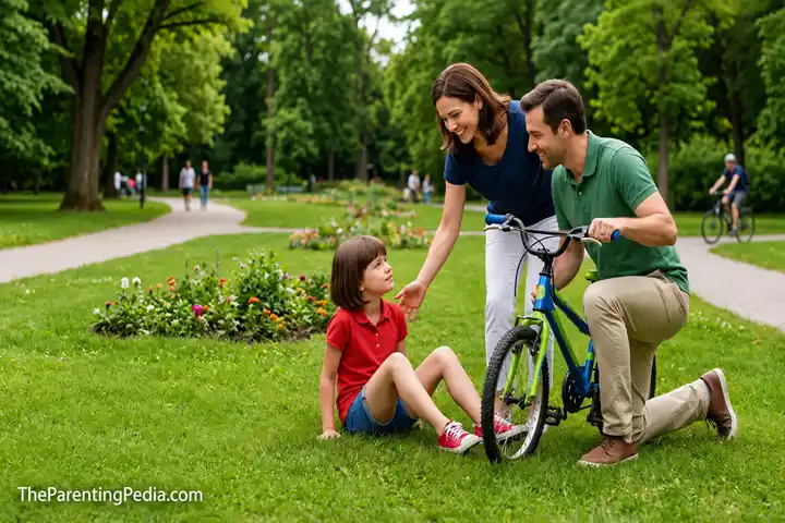 Parents helping their child learn to ride a bicycle to teach your child to handle failure with confidence.