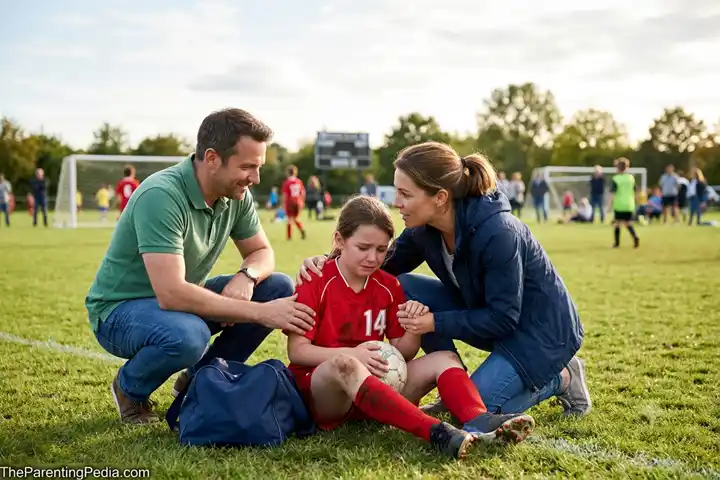 Parents comforting their child after losing a football match to teach your child to handle failure with confidence.