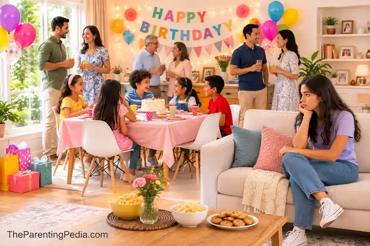 Children feel left out at a birthday party while family and friends celebrate nearby.