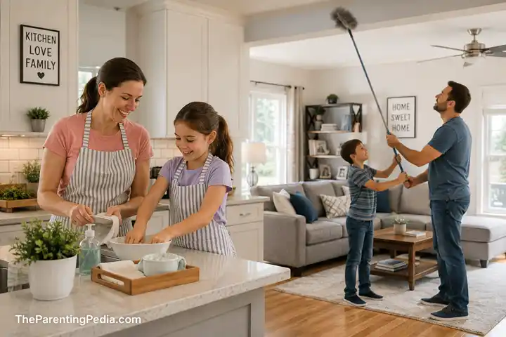 A family building Emotional Literacy for Children by learning responsibility through household teamwork.
