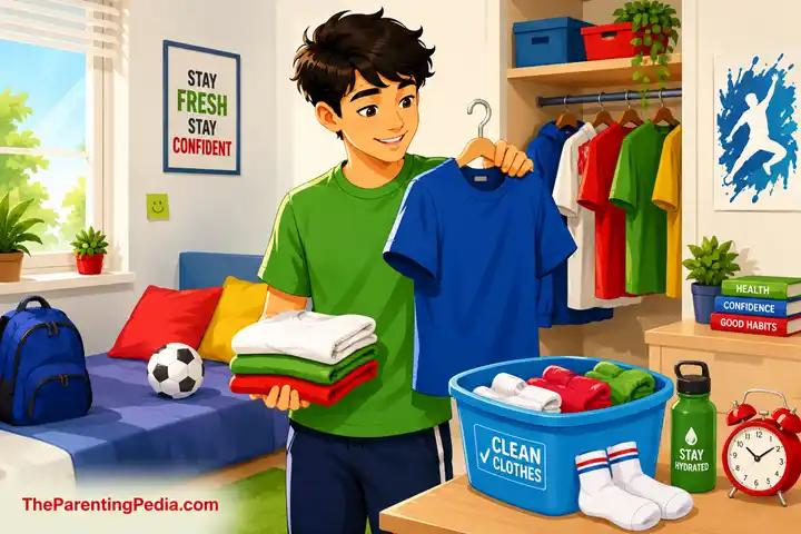 Teen choosing clean clothes for teenage body odor during puberty