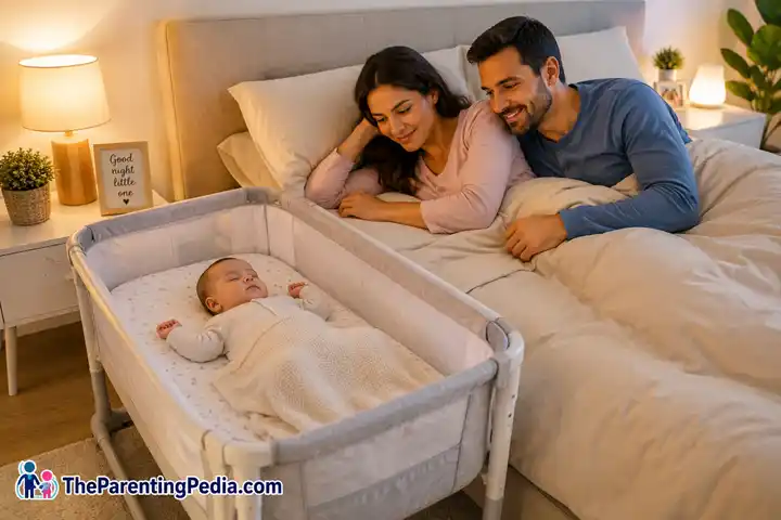 Co-Sleeping with Children using a bedside bassinet for safe infant sleep.
