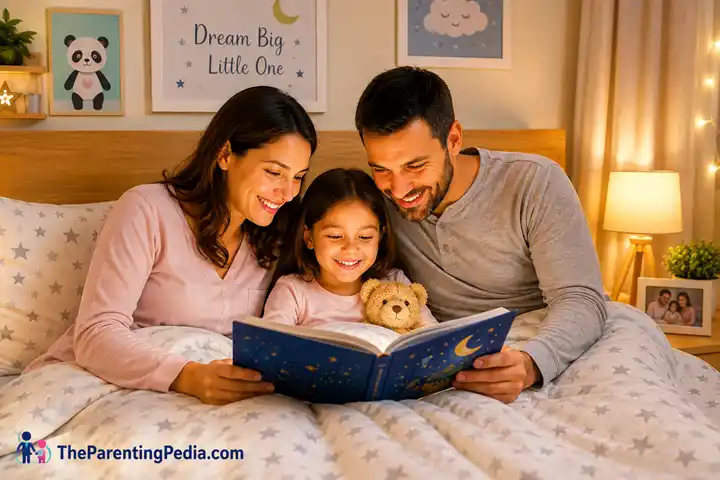 Co-Sleeping with Children as parents read a bedtime story with their child before sleep.