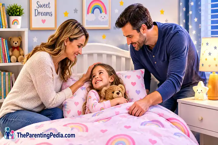Parents help their child transition from Co-Sleeping with Children to sleeping independently.