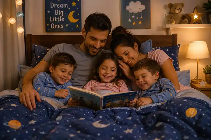 Family bedtime story during Co-Sleeping with Twin boys and their sister.