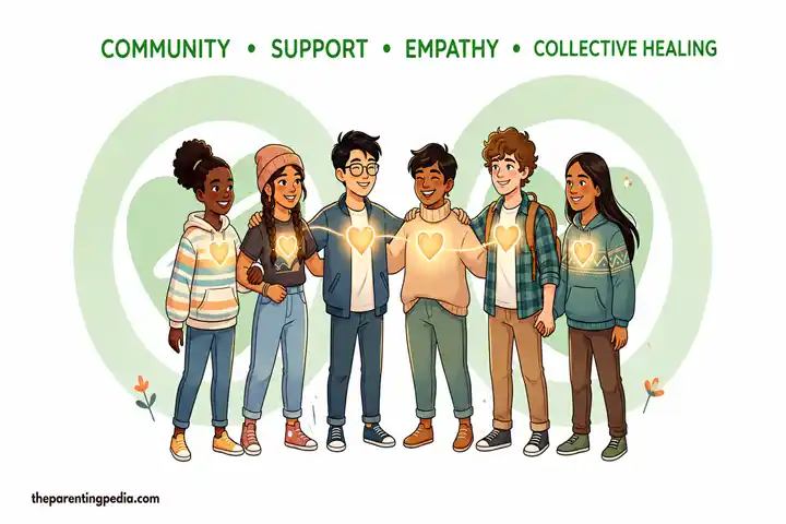 Community support encourages emotional openness and empathy among children and teens.