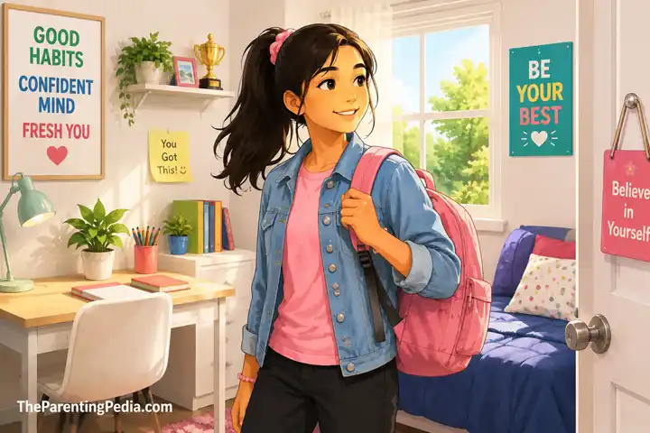 Confident teen ready for school after managing teenage body odor during puberty