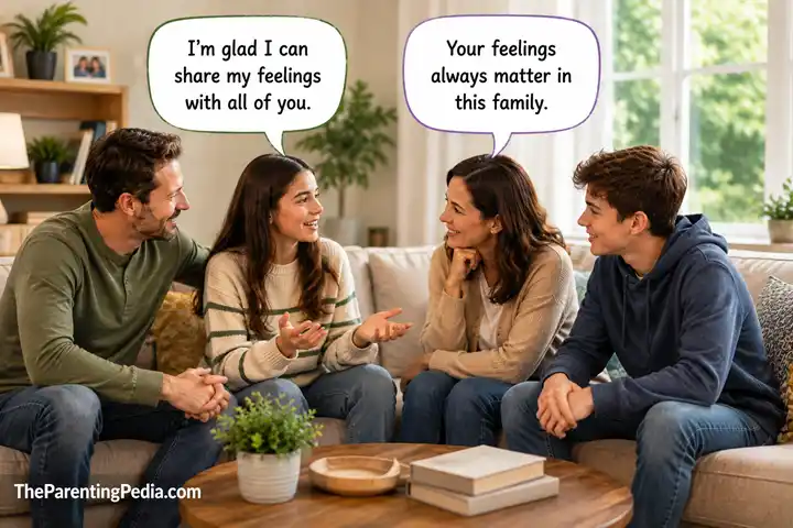 Family discussing emotions together in the living room, showing Emotional Openness in Gen Z & Gen Alpha.