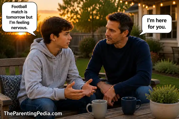 Father listening to his teenage son, encouraging Emotional Openness in Gen Z & Gen Alpha through supportive conversation.