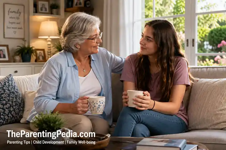 Grandmother comforting her granddaughter, promoting Emotional Openness between two generation through caring conversation.